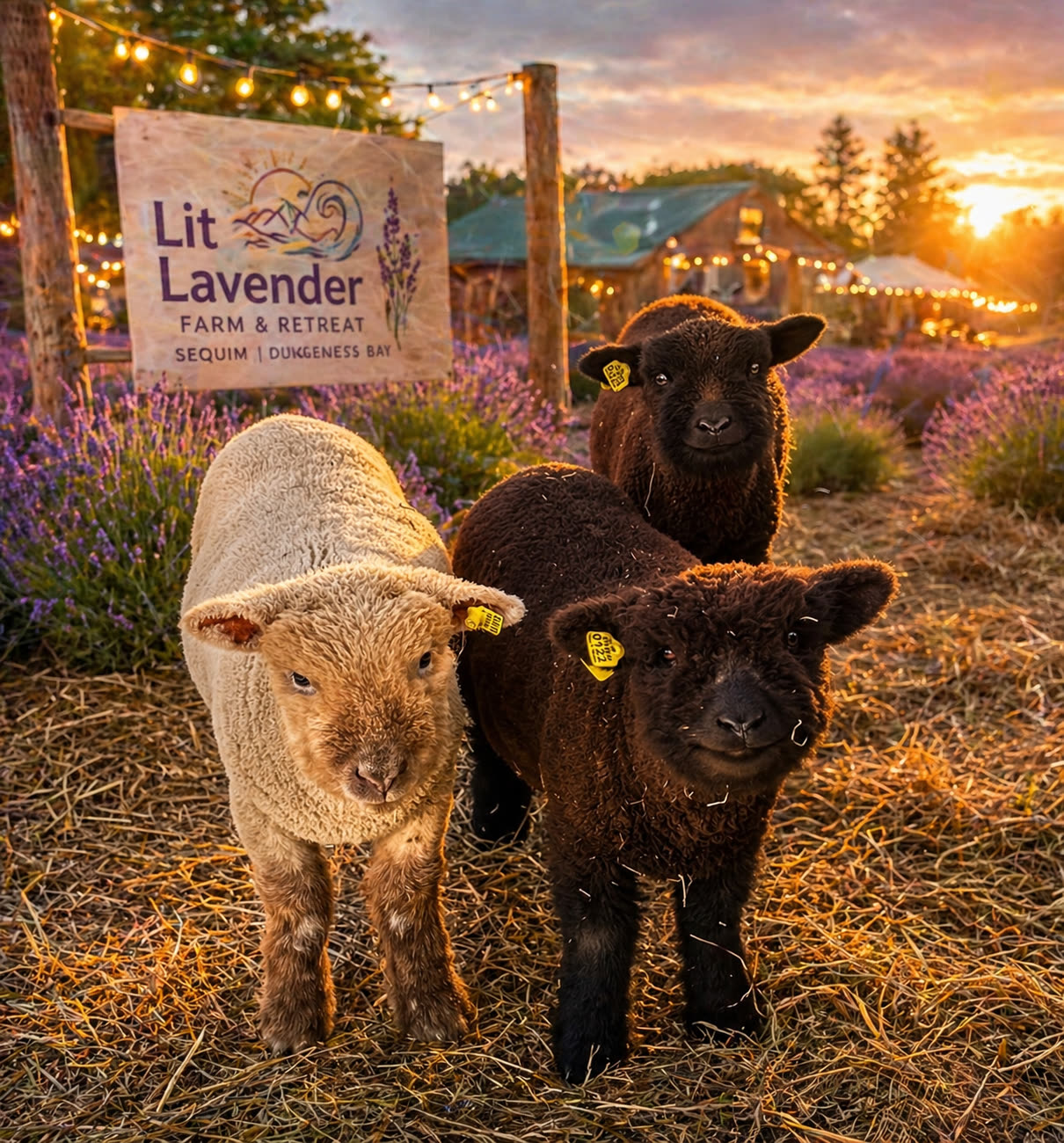 Three young babydoll Olde English lambs at Lit Lavender — one cream and two black, standing together on hay